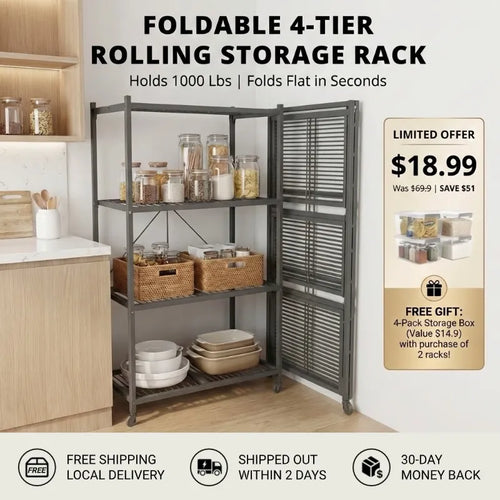 Halo Home No-Assembly Foldable 4-Tier Rolling Metal Storage Rack