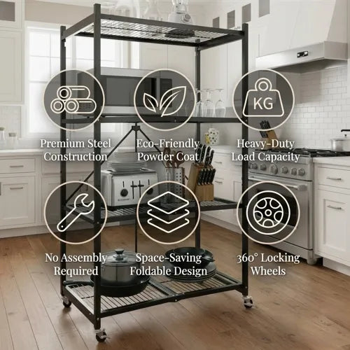 Halo Home No-Assembly Foldable 4-Tier Rolling Metal Storage Rack