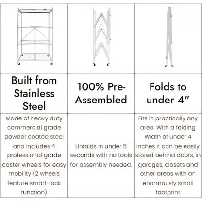 Halo Home No-Assembly Foldable 4-Tier Rolling Metal Storage Rack